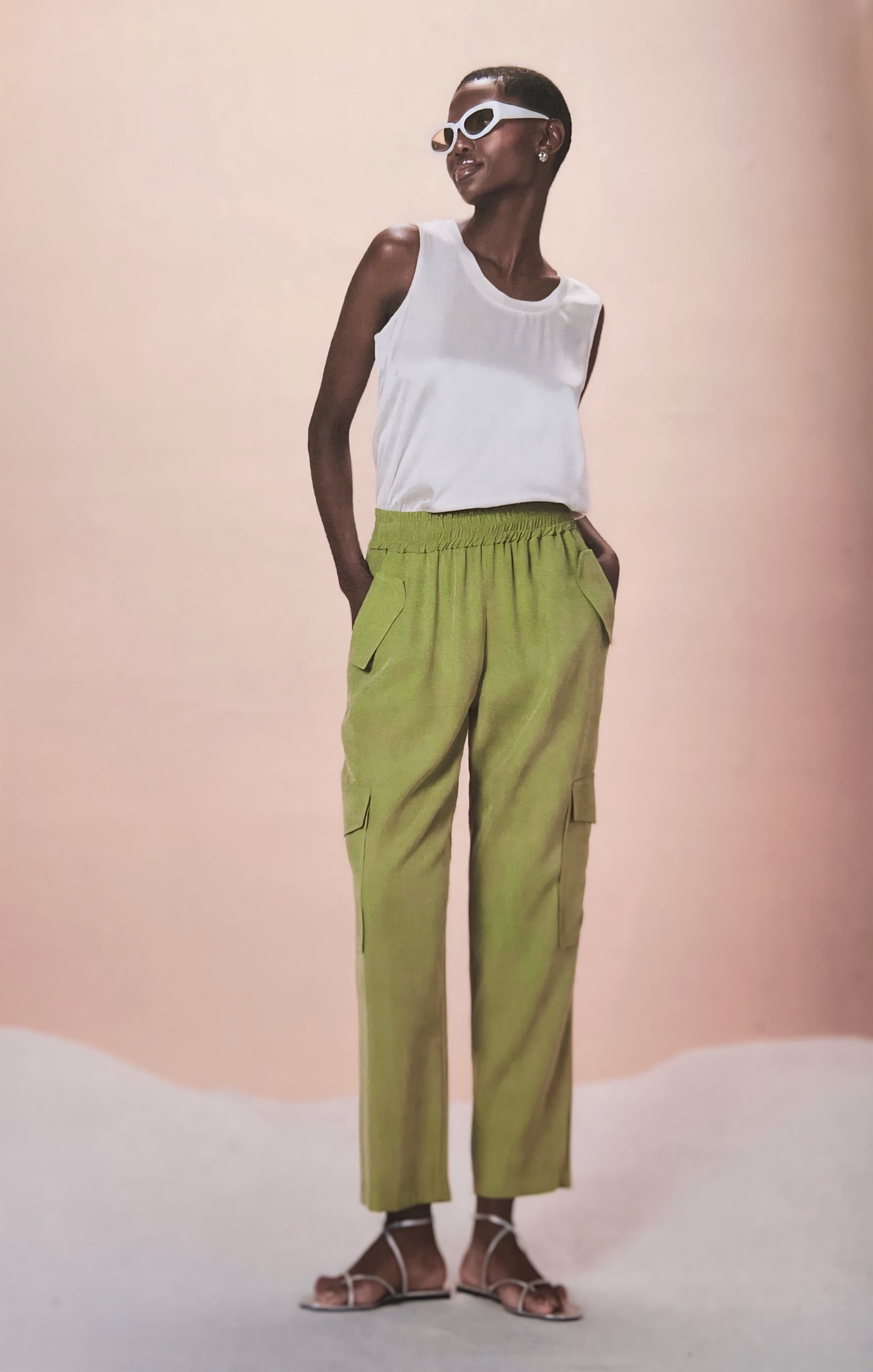 Olive Green Trousers With Elasticated Waist & Pocket Detailing