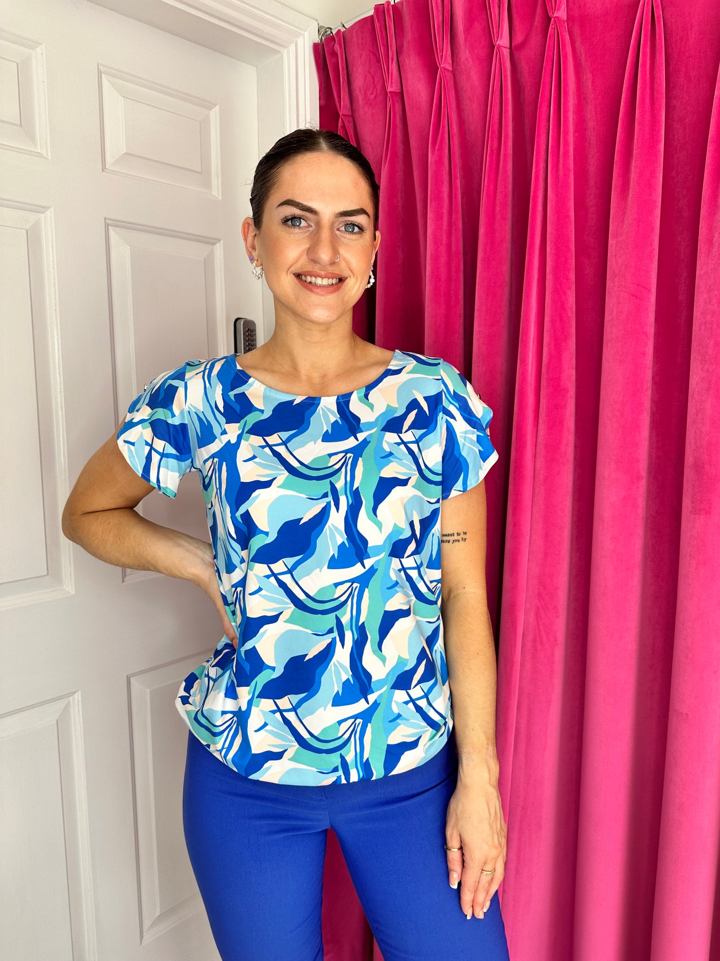 Blue & White Abstract Print Top with Overlapping Sleeve Detail and Elasticated Waist