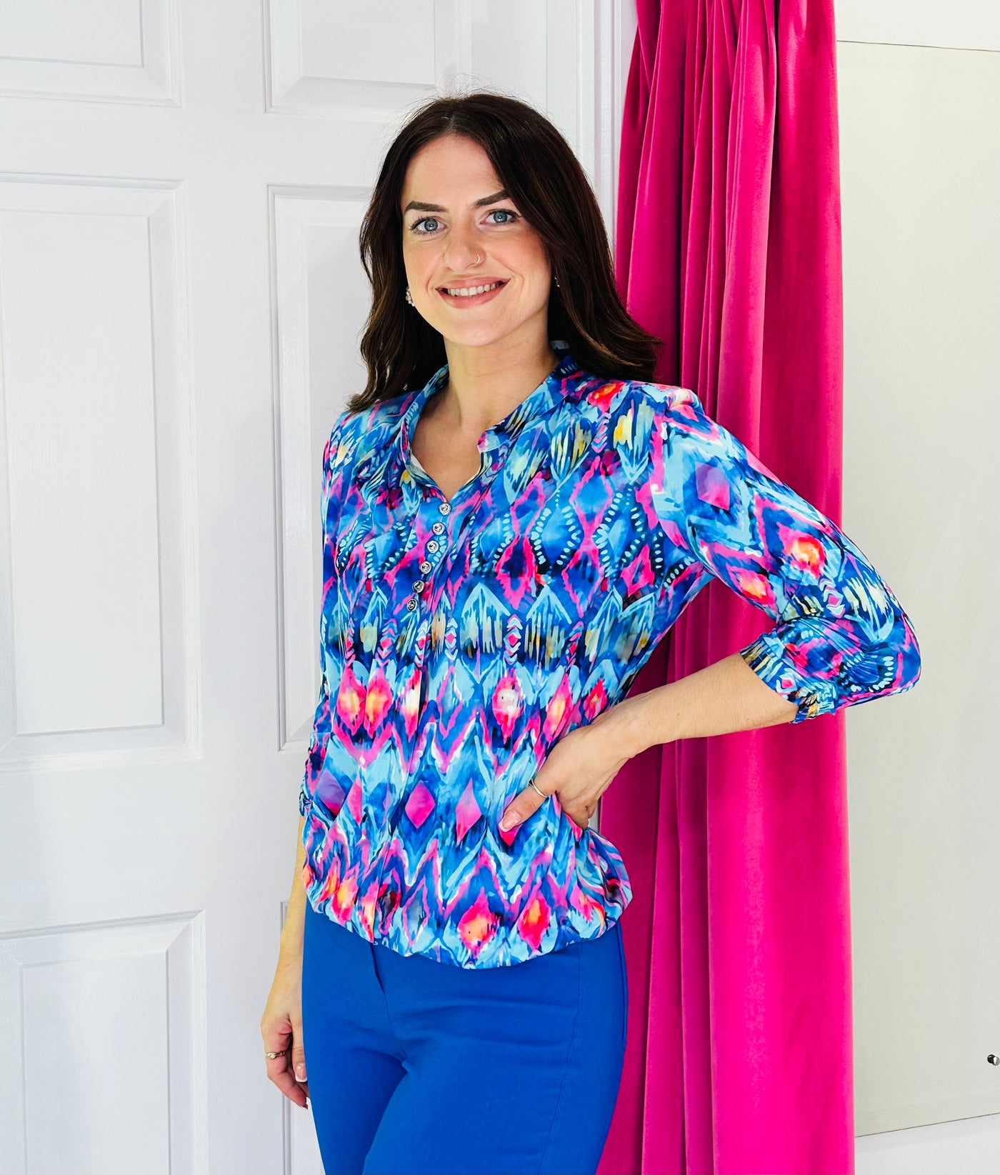 Multicoloured V-Neck Top With Buttons & Elasticated Waist