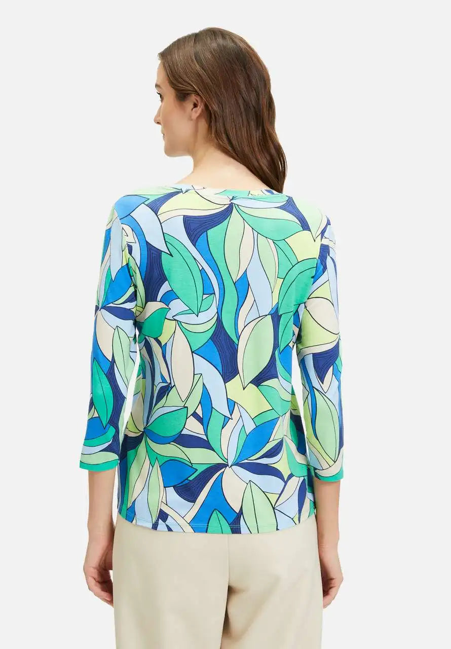 Blue & Green Abstract Print Top With 3/4 Sleeves
