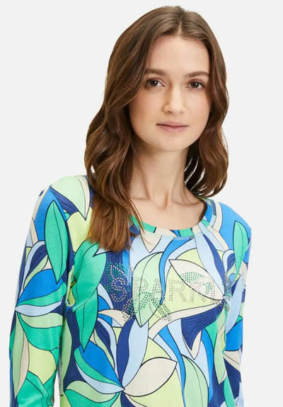Blue & Green Abstract Print Top With 3/4 Sleeves