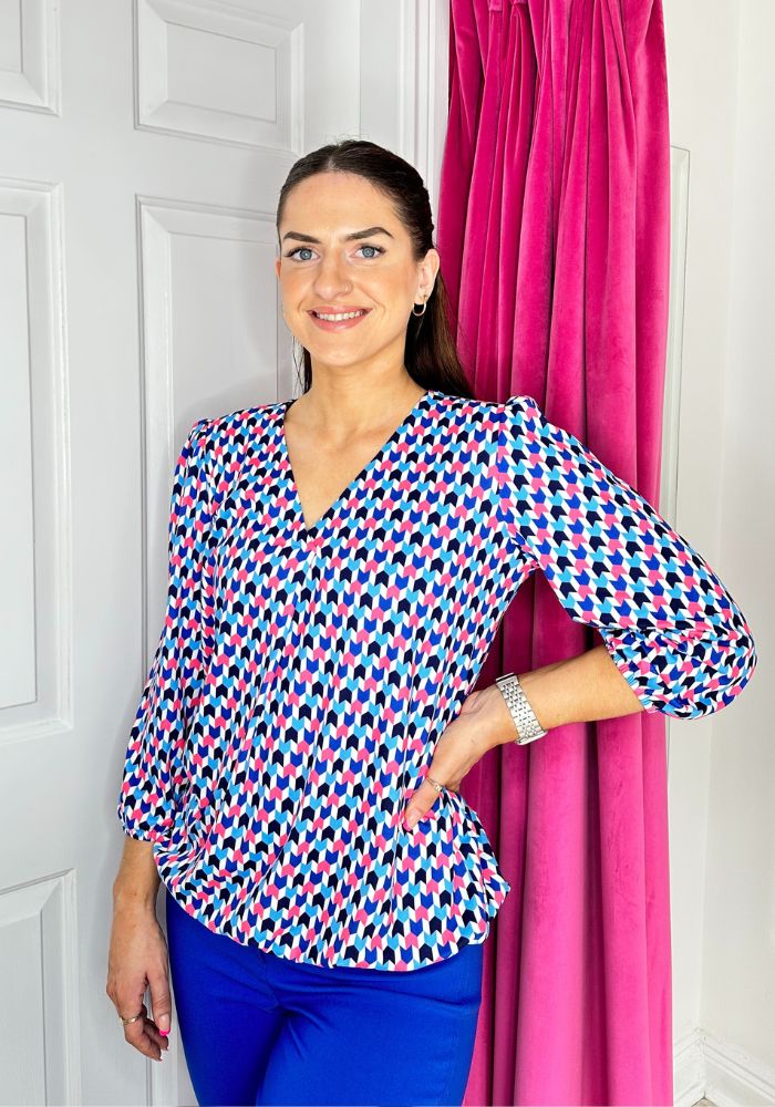 Pink, Blue & Navy Cube Top with 3/4 Sleeves and Elasticated Waist