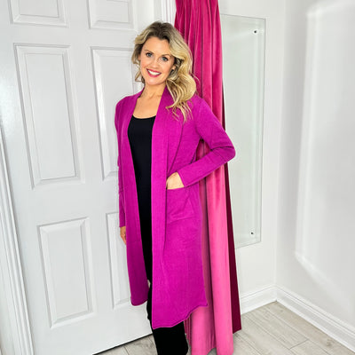 Magenta Long Cardigan With Pockets