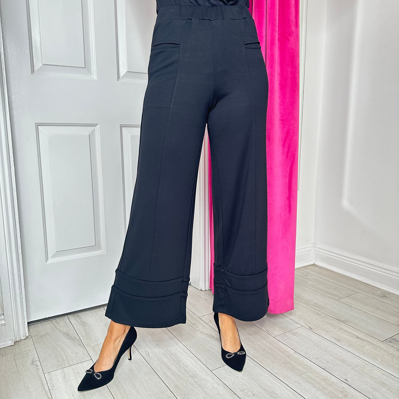Black Wide Leg Trousers with Hem Detailing and Pockets
