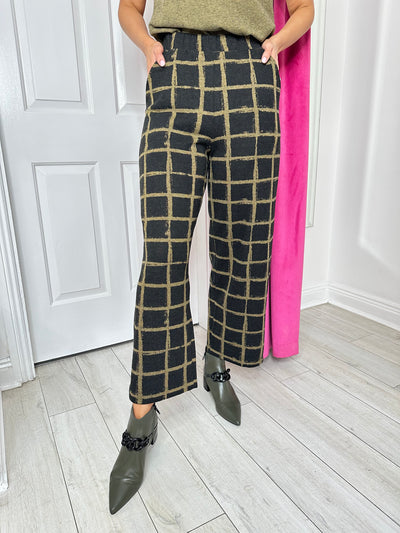 Olive & Black Check Print Wide Leg Trousers with Pockets