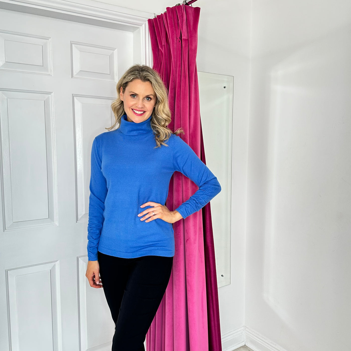 Blue Roll Neck Sweater With Draped Sleeves