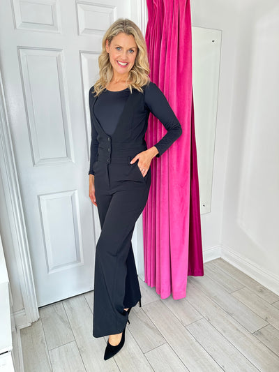 Black Suit Style Jumpsuit with Button Detail