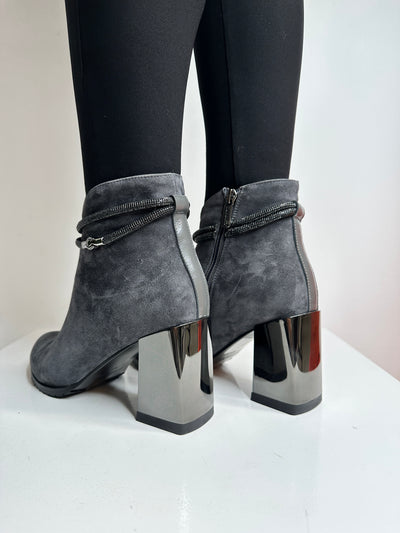 Grey Suede Boot with Diamonte Detail and Block Heel