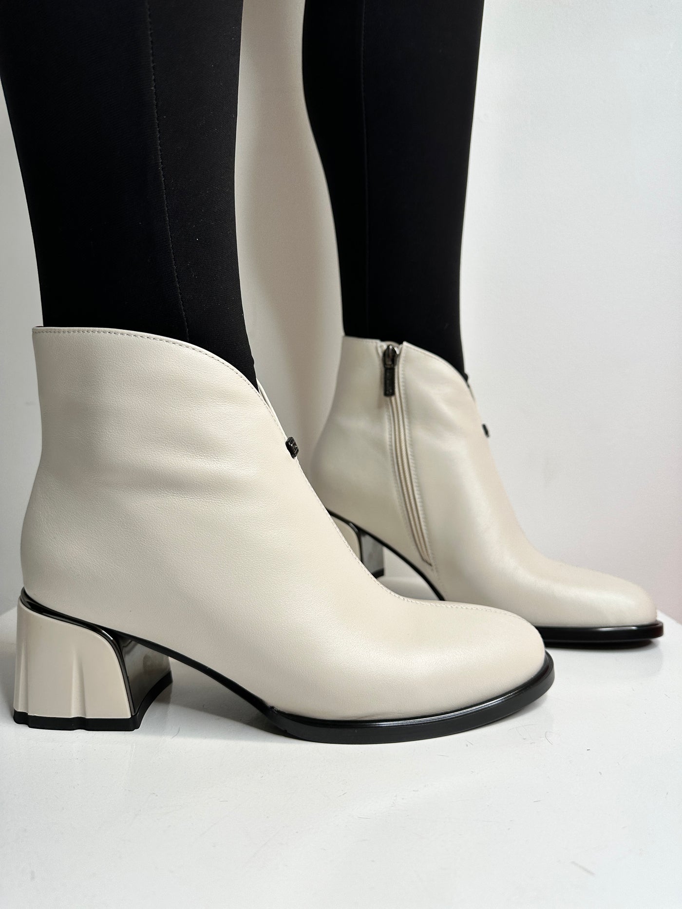 Beige Leather Boot with Block Heel and Side Zip