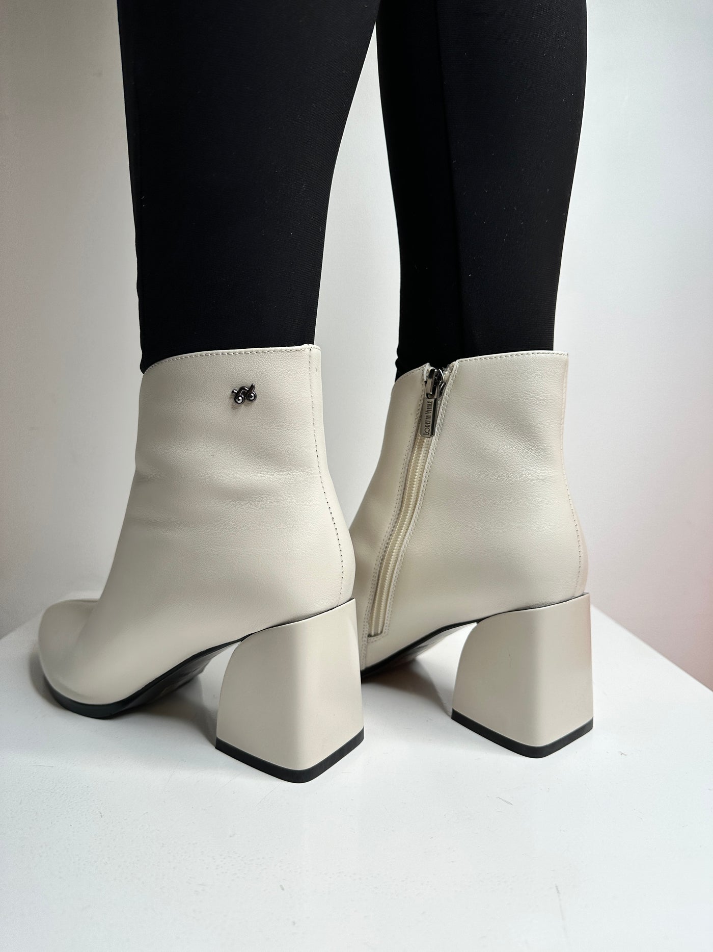 Beige Leather Pointed Toe Boot with Block Heel and Side Zip