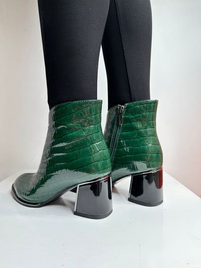 Green Patent Ankle Boot with Block Heel and Side Zip