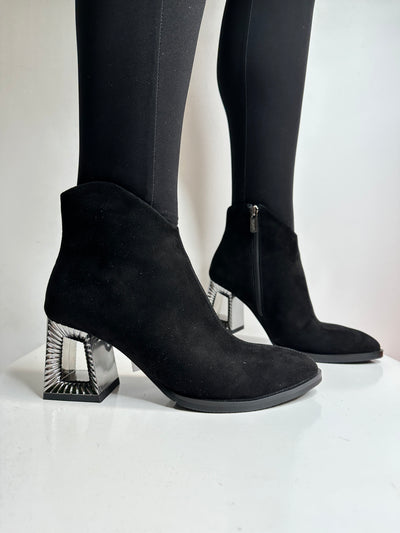 Black Suede Boot with Detailed Block Heel and Side Zip