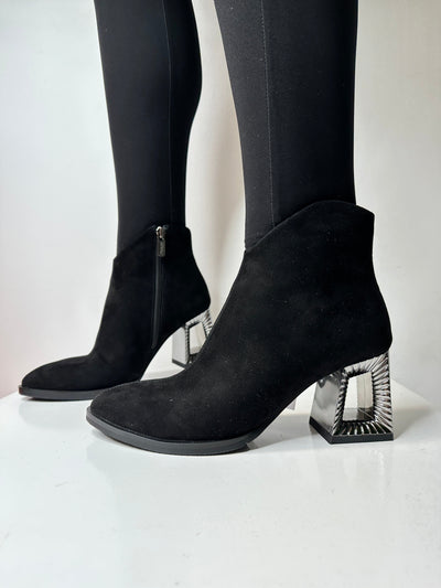 Black Suede Boot with Detailed Block Heel and Side Zip