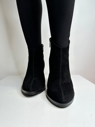 Black Suede Boot with Detailed Block Heel and Side Zip