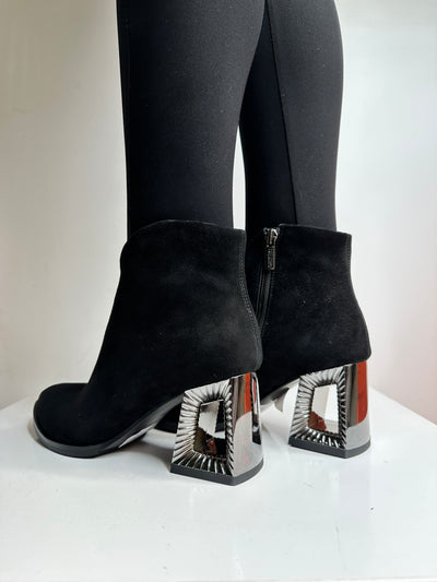 Black Suede Boot with Detailed Block Heel and Side Zip