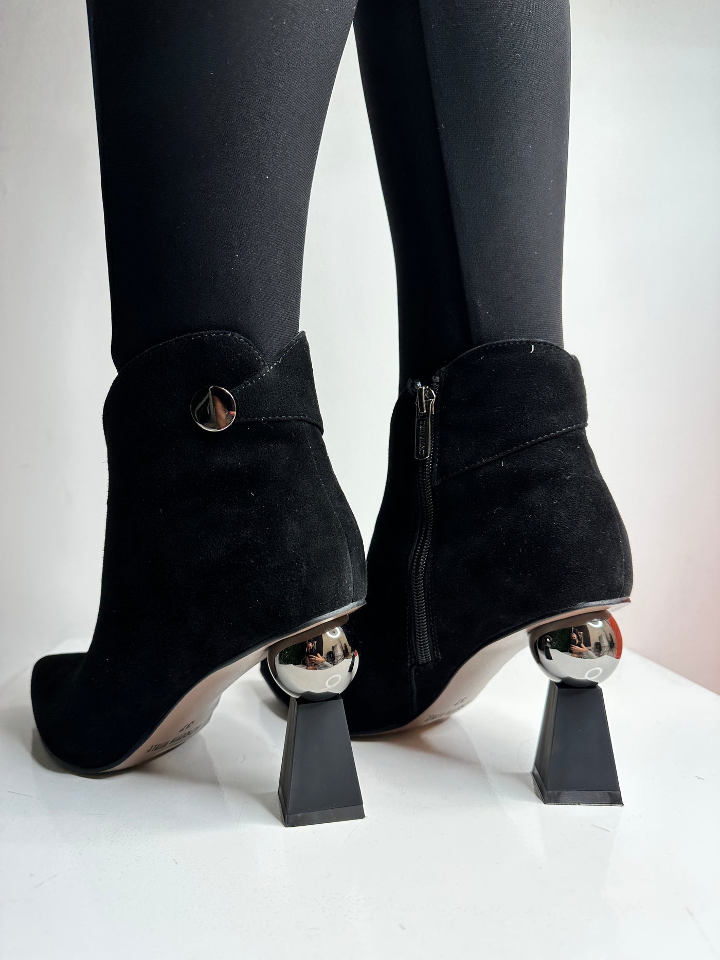 Black Suede Boot with Detailed Heel and Side Zip