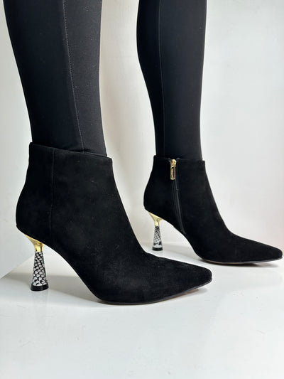Black Suede Boot with Pointed Toe and Snake Print Heel