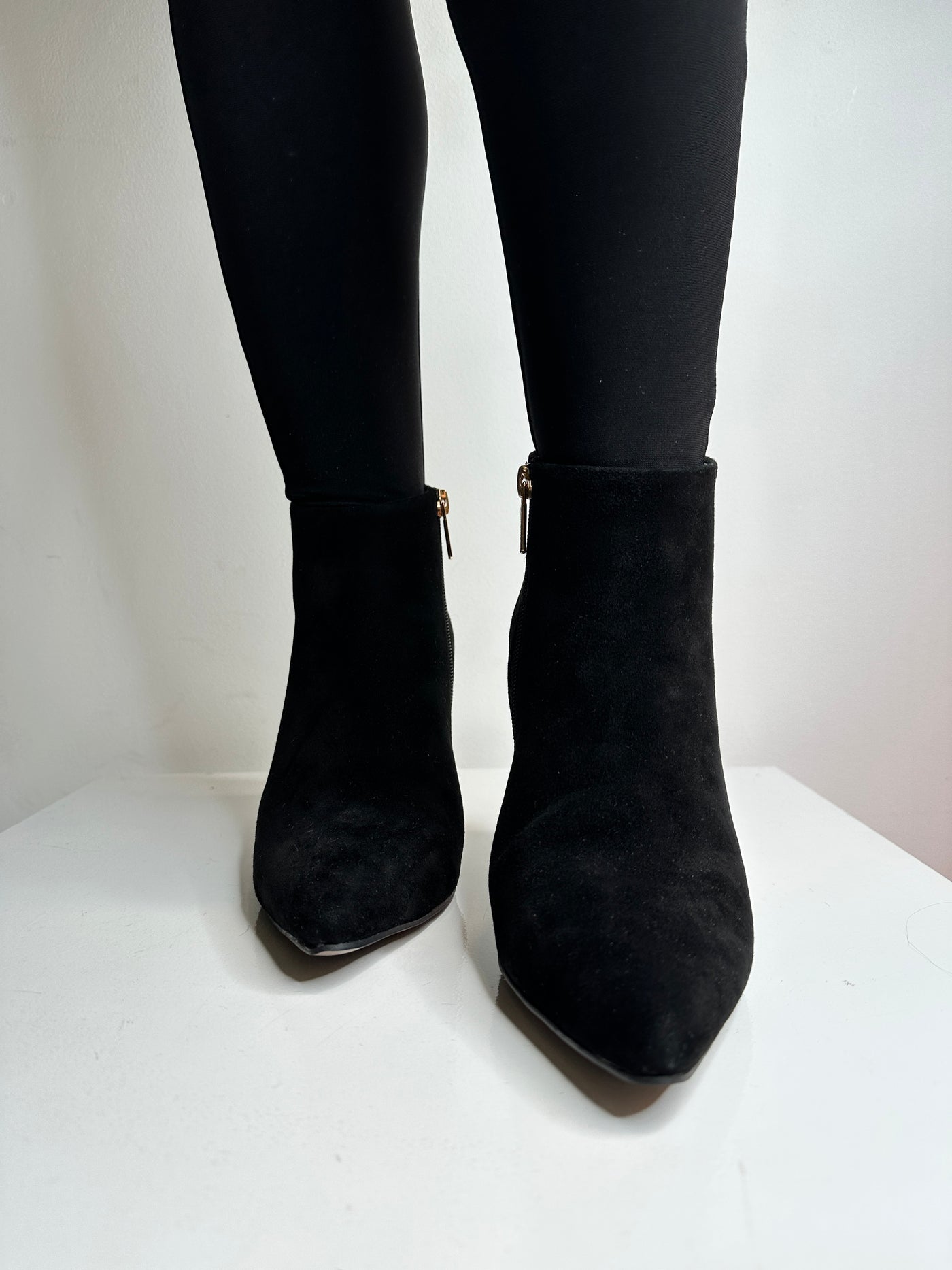 Black Suede Boot with Pointed Toe and Snake Print Heel