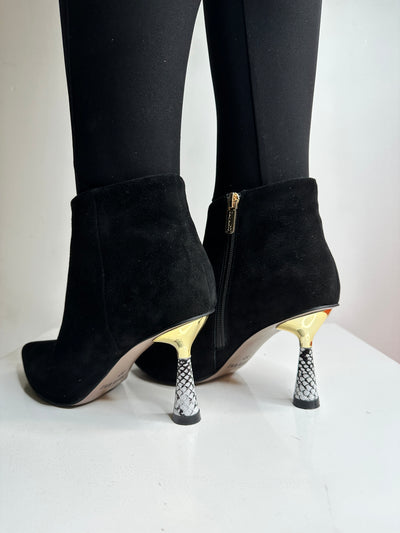 Black Suede Boot with Pointed Toe and Snake Print Heel