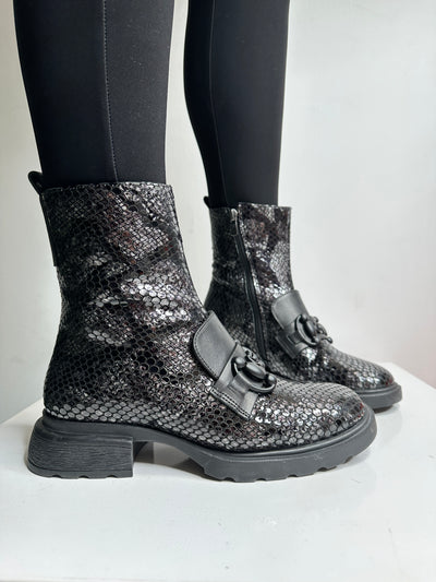 Grey Patent Snake Print Boot with Buckle Detail and Side Zip