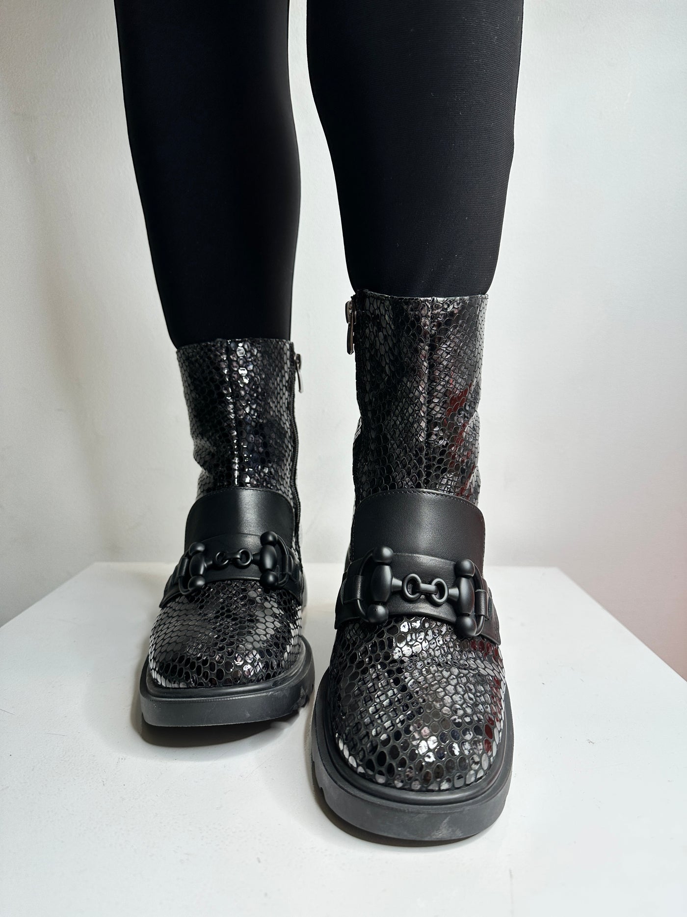 Grey Patent Snake Print Boot with Buckle Detail and Side Zip