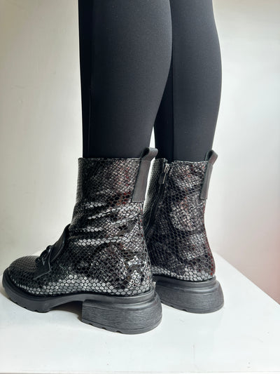 Grey Patent Snake Print Boot with Buckle Detail and Side Zip