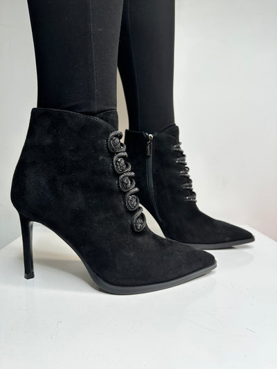 Black Suede Pointed Toe Boot with Diamonte Button Detailing