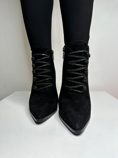 Black Suede Pointed Toe Boot with Diamonte Button Detailing