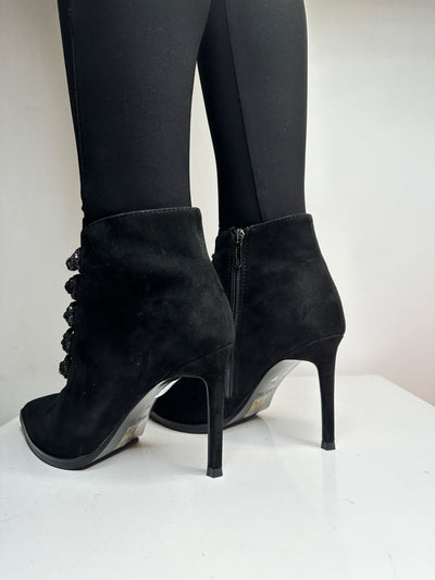 Black Suede Pointed Toe Boot with Diamonte Button Detailing