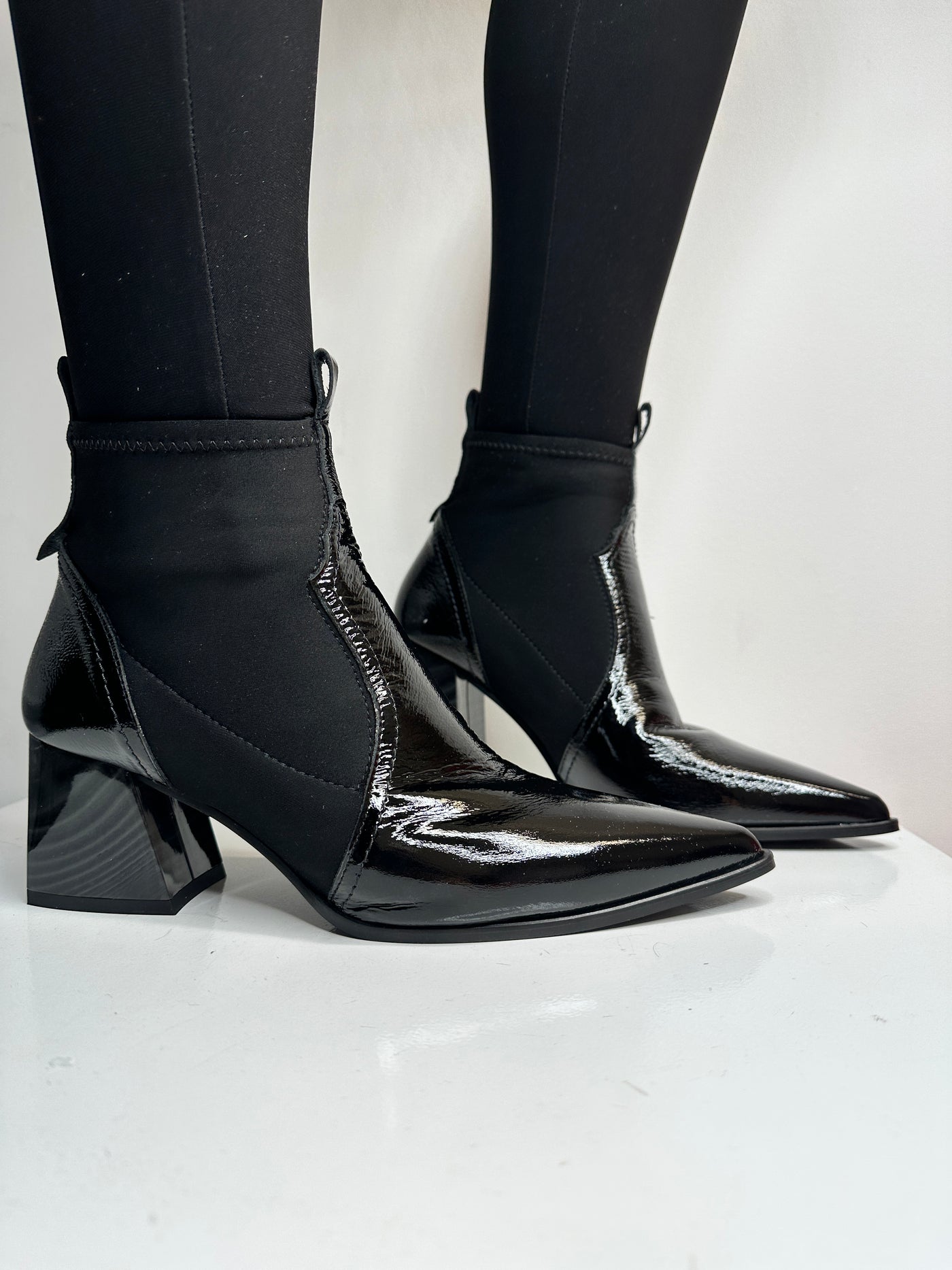 Black Ankle Boots With Chunky Marble Effect Heel