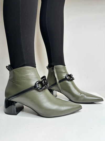 Khaki Ankle Boots With Black Chain Detail