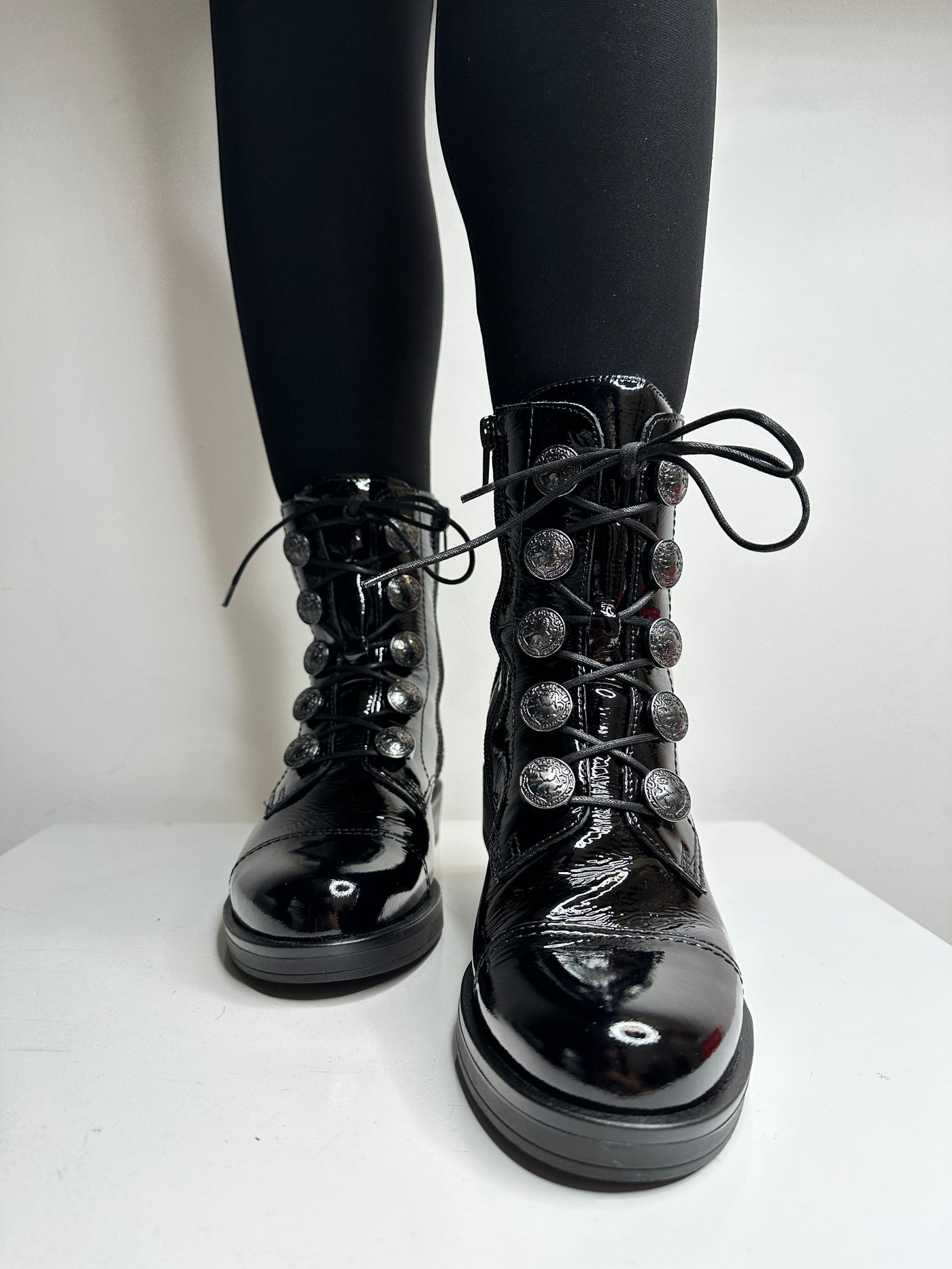 Black Patent Boots wit Side Zip and Front Button Detailing