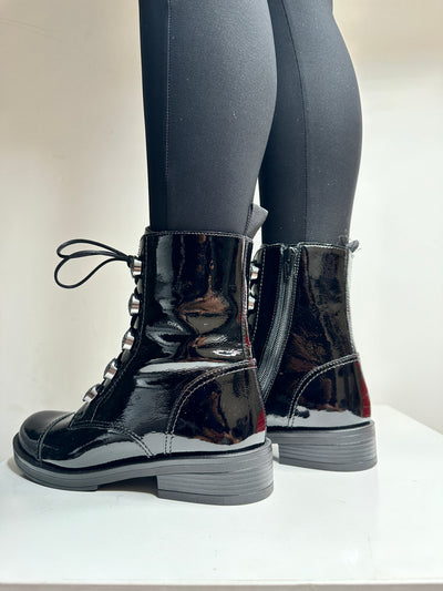 Black Patent Boots wit Side Zip and Front Button Detailing
