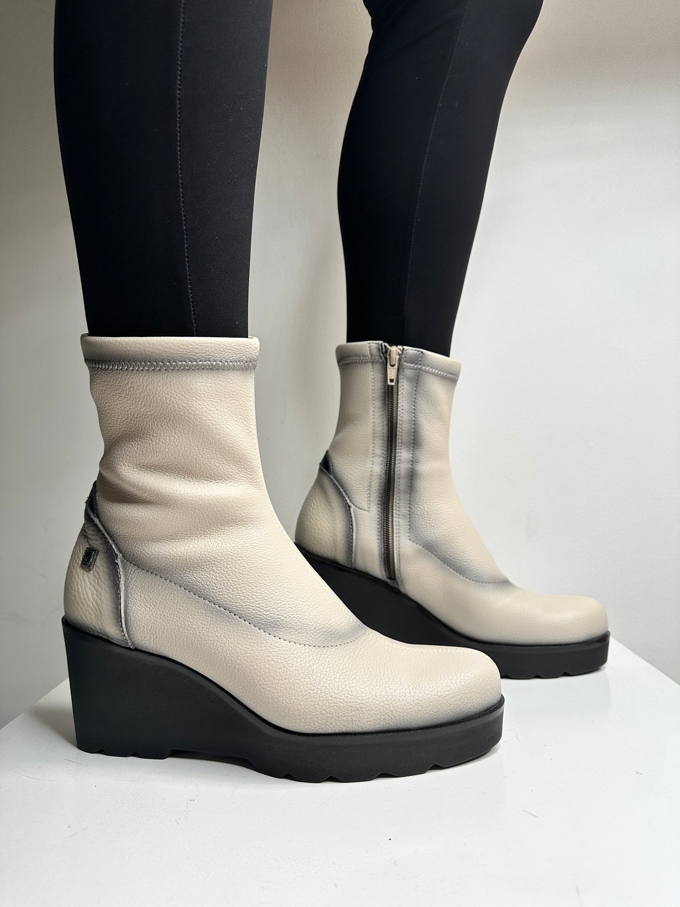 Cream Wedge Ankle Boots With Side Zip