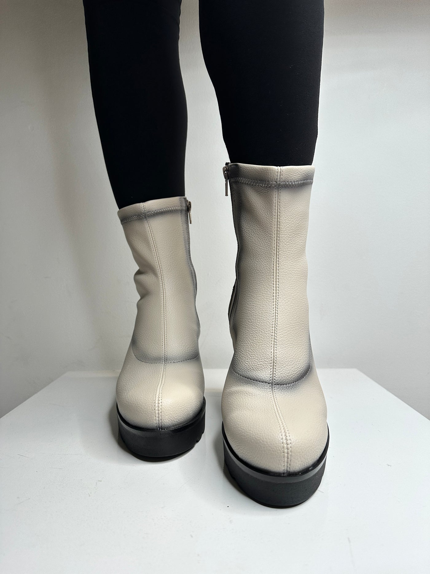 Cream Wedge Ankle Boots With Side Zip