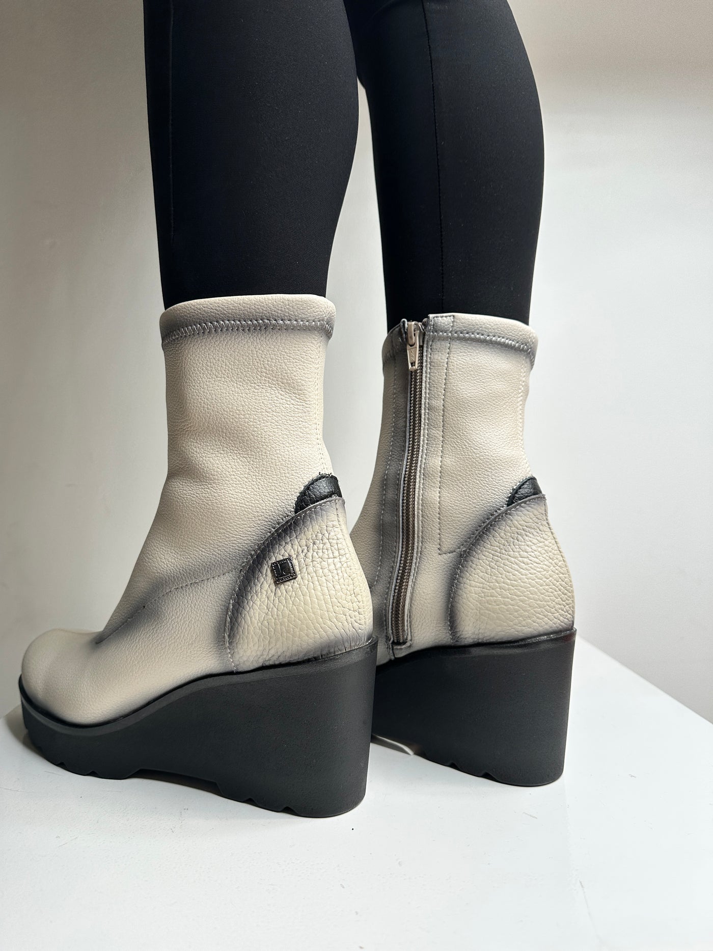 Cream Wedge Ankle Boots With Side Zip