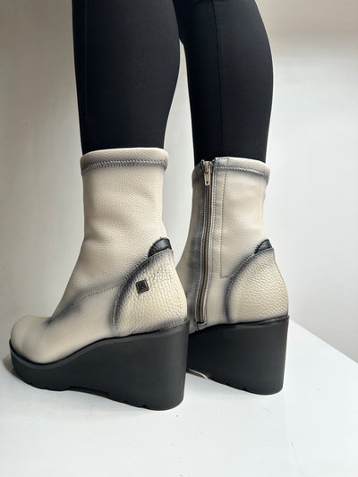 Cream Wedge Ankle Boots With Side Zip