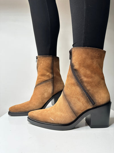 Brown Suede Boot with Curved Zip