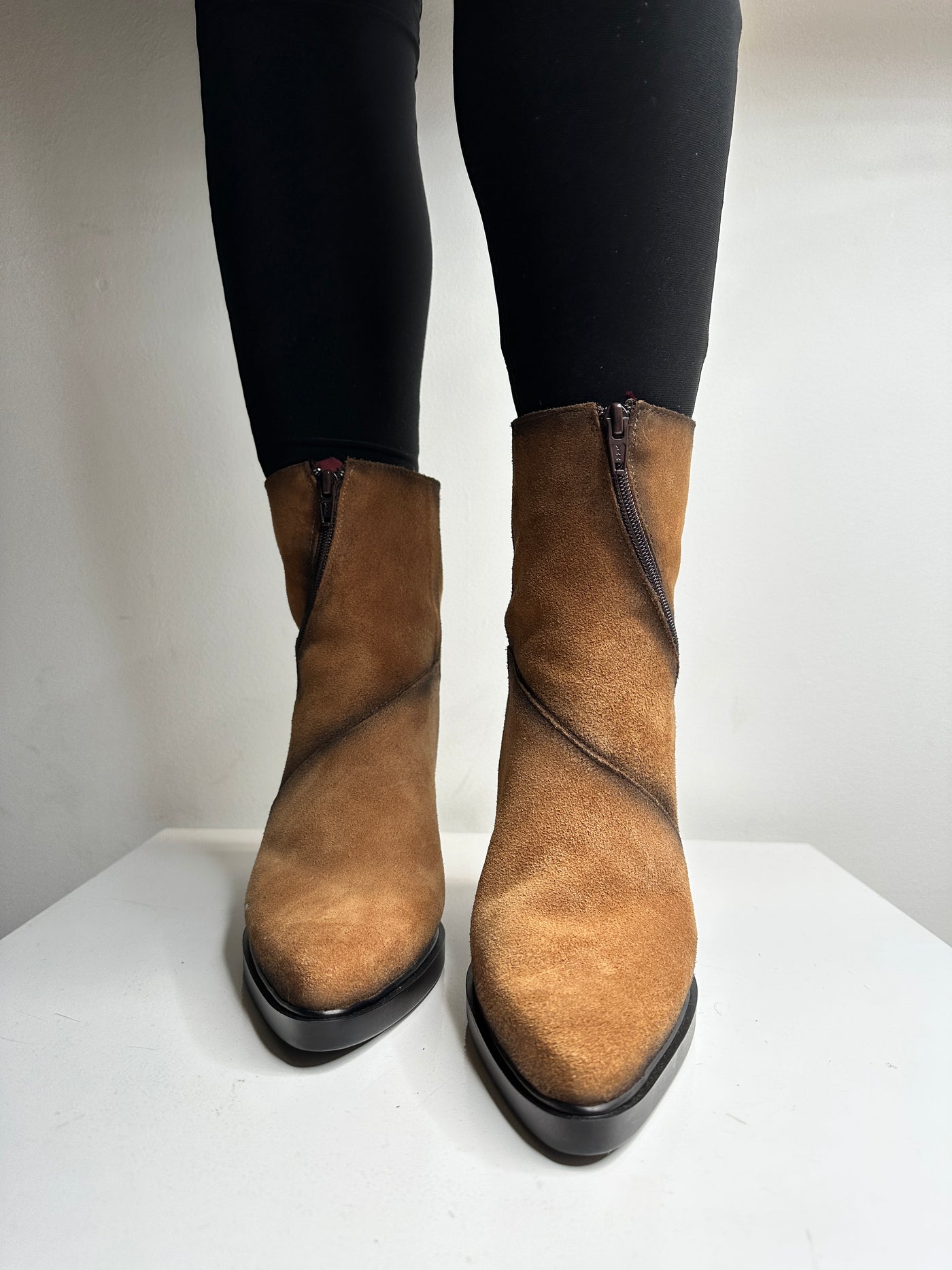 Brown Suede Boot with Curved Zip