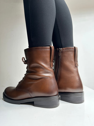 Brown Two Toned Leather Boot with Side Zip and Laces