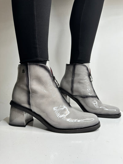 Grey Patent Ankle Boots with Block Heel and Zip Detail