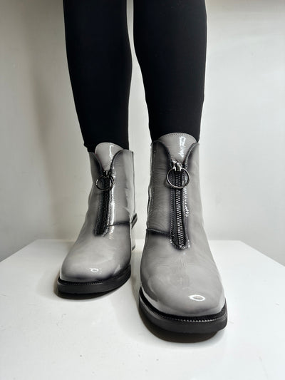 Grey Patent Ankle Boots with Block Heel and Zip Detail