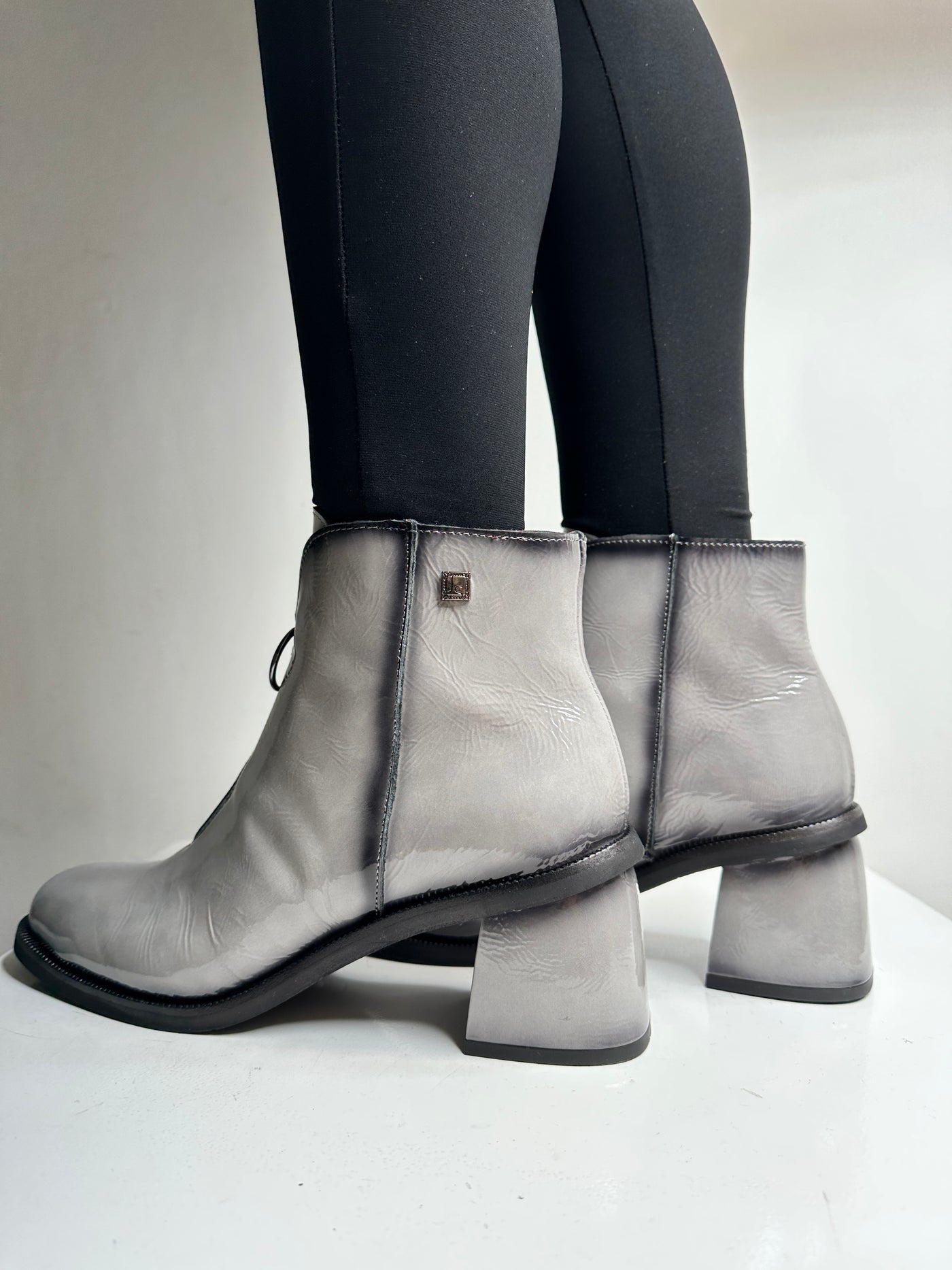 Grey Patent Ankle Boots with Block Heel and Zip Detail