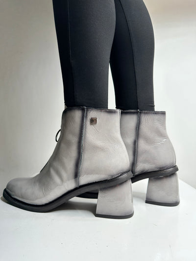 Grey Patent Ankle Boots with Block Heel and Zip Detail