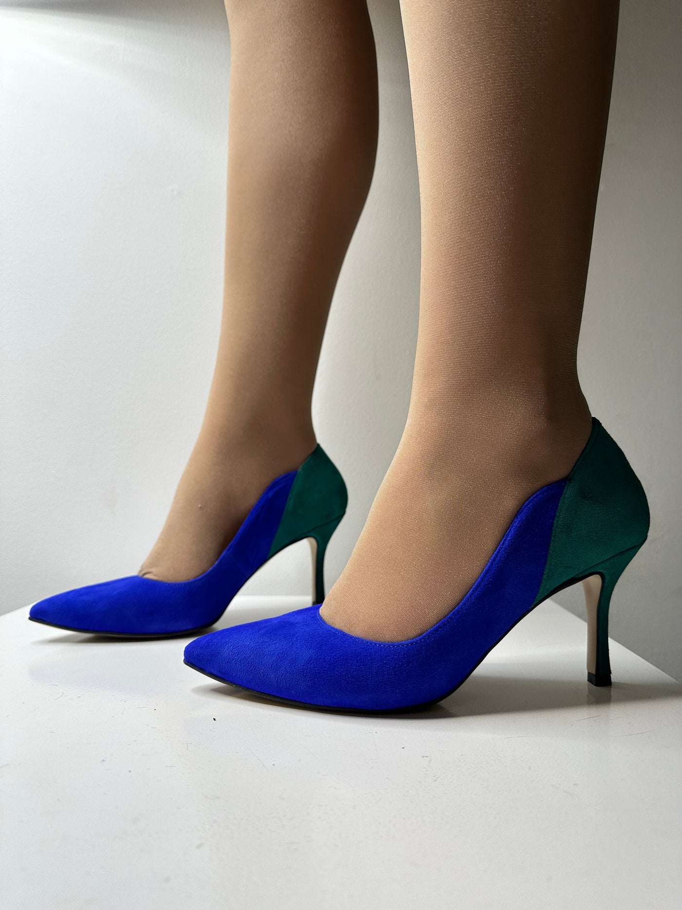 High Heel Cobalt Blue/Green Shoe With Pointed Toe