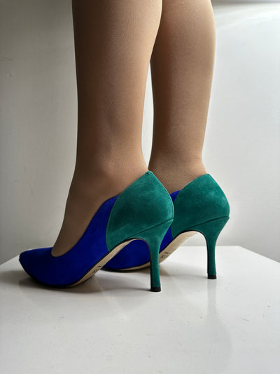 High Heel Cobalt Blue/Green Shoe With Pointed Toe