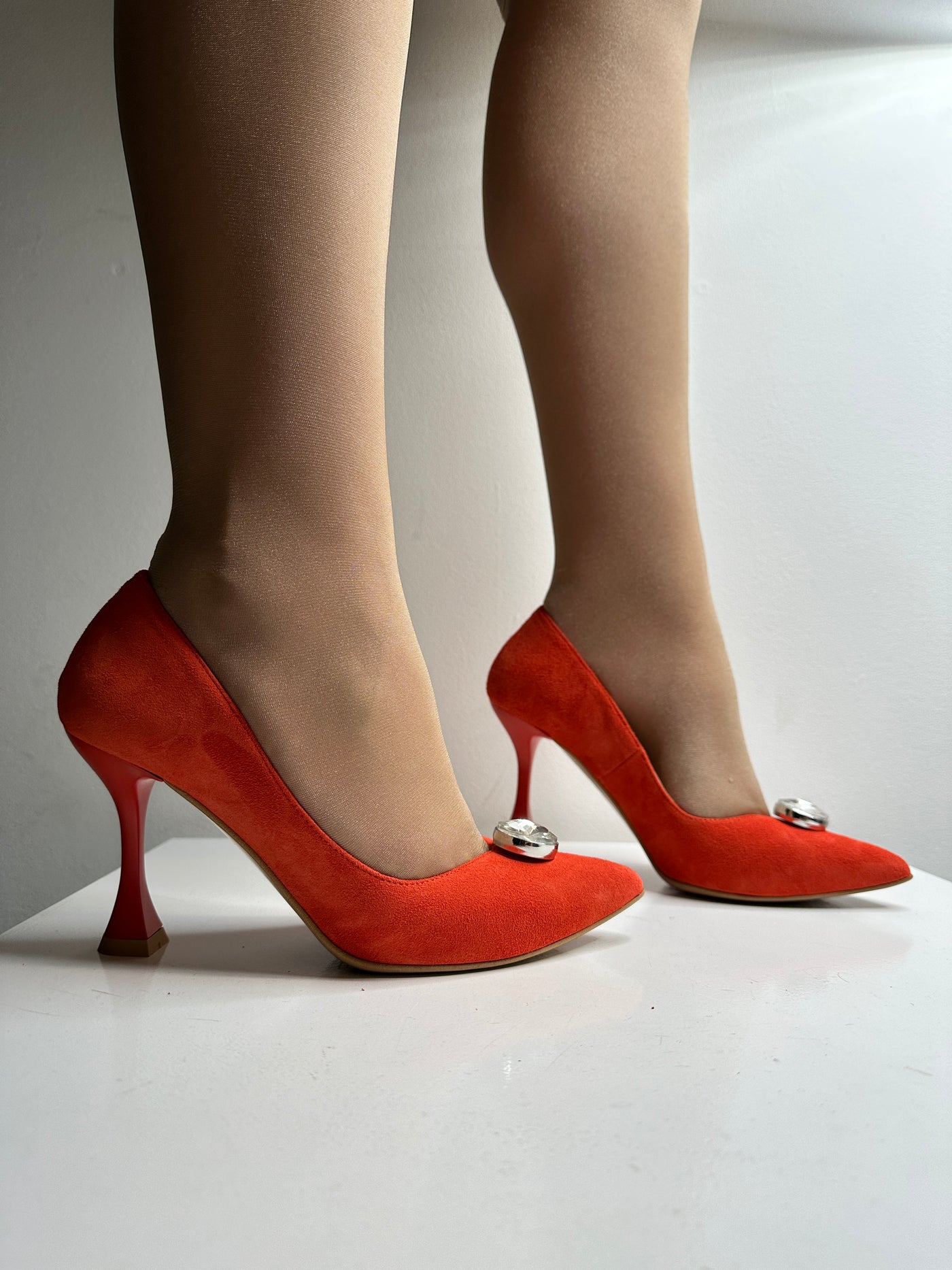 High Heel Orange Shoe With Diamond Embellisnment