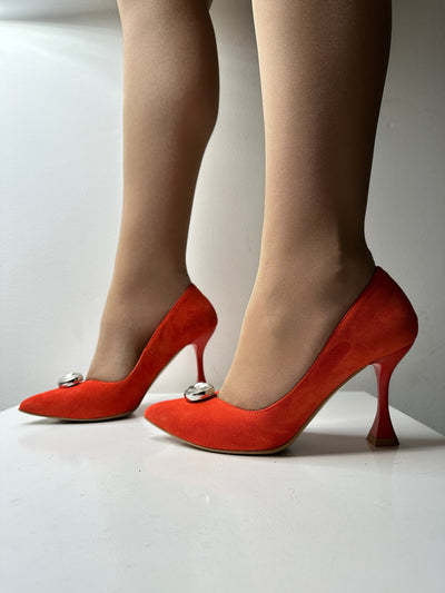 High Heel Orange Shoe With Diamond Embellisnment