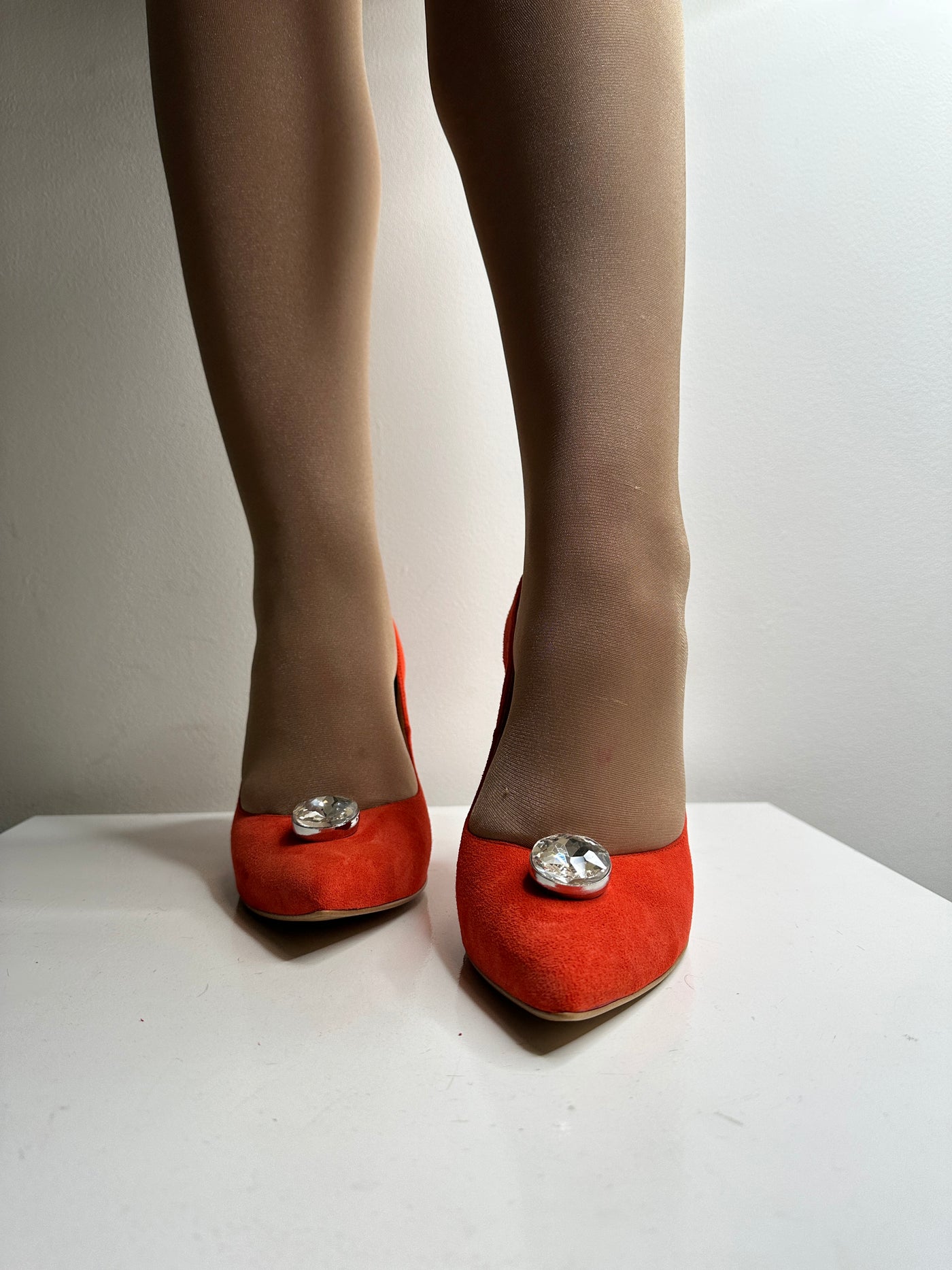 High Heel Orange Shoe With Diamond Embellisnment