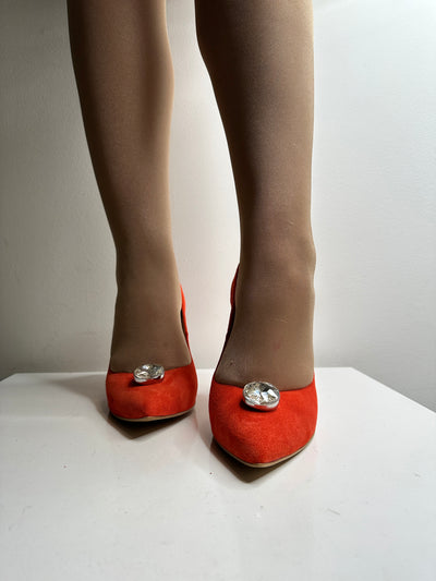High Heel Orange Shoe With Diamond Embellisnment